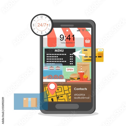 Online fast food ordering and delivery, vector flat illustration