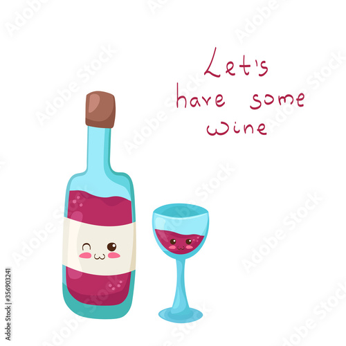 Kawaii Wine bottle with glass vector characters isolated on white background. Funny smiling alcohol drink with hand written lettering. Cute beverage product mascot illustration. Bar menu concept. 