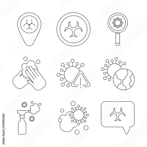 set of icons coronavirus protection, protective measures, coronavirus symptoms, line style icon