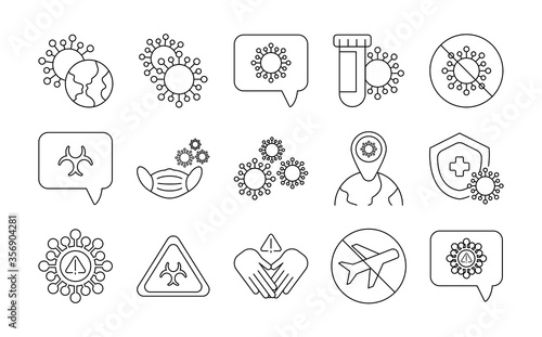 set of icons coronavirus protection, protective measures, coronavirus symptoms, line style icon