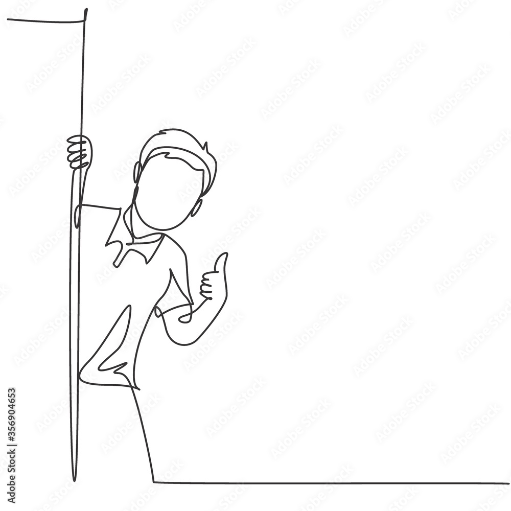 One line drawing of young happy student boy school student appeared from behind the wall and giving thumbs up gesture. Education concept continuous line draw design vector graphic illustration One line drawing of young happy student boy school student appeared from behind the wall and giving thumbs up gesture. Education concept continuous line draw design vector graphic illustration