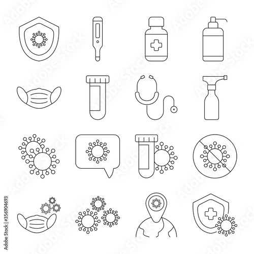 set of icons coronavirus protection, protective measures, coronavirus symptoms, line style icon