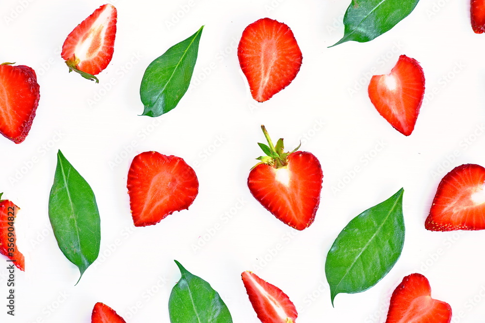 set of red strawberry and green leaves on white background set of red strawberry and green leaves on white background