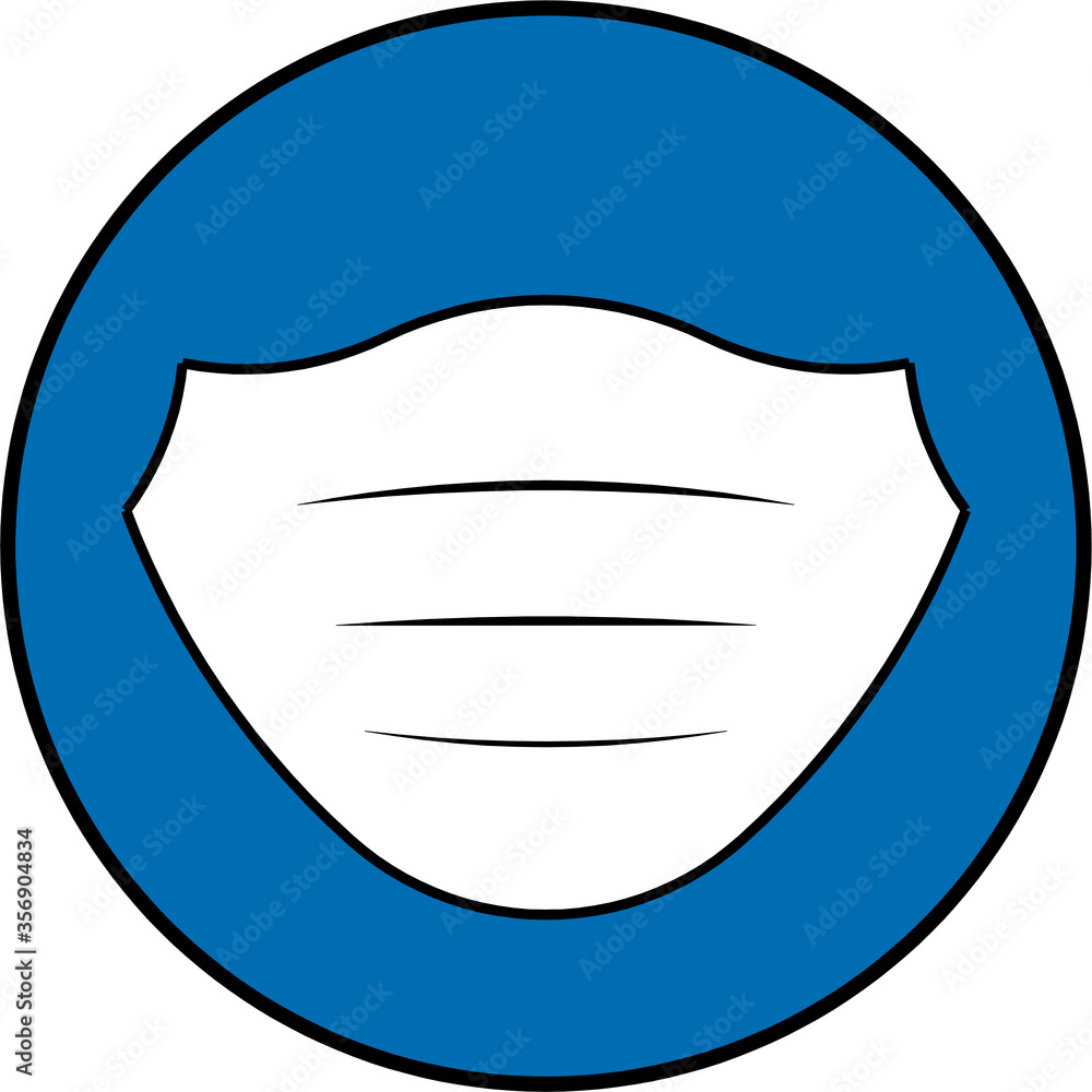 Illustration of circular sign with a face mask icon on blue background. COVID-19 concept