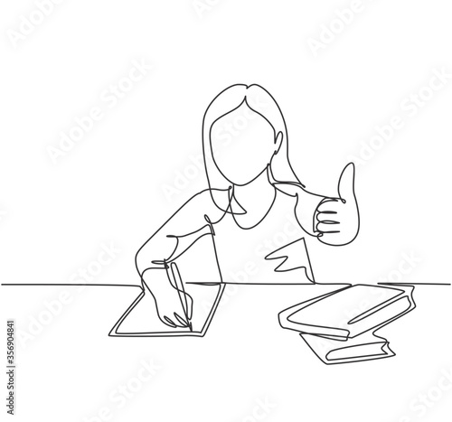 One line drawing of young happy elementary school girl student studying in the library while giving thumbs up gesture. Education concept continuous line graphic draw design vector illustration