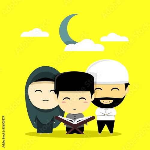 Cute character reading and learn Quran. Ramadan Kareem. Quran, holy book of Muslim. Illustration vector photo