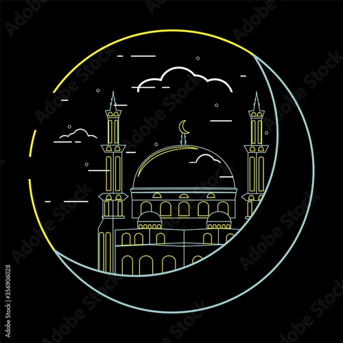 Islamic mosque building. Thin liner islamic mosque with moon. Illustration vector