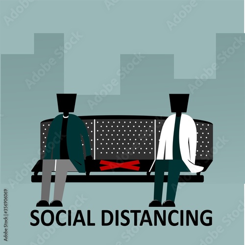 Social distancing concept. Physical distancing sitting in a public chair. Keep distance in public society people to protect from coronavirus or COVID-19. Illustration vector