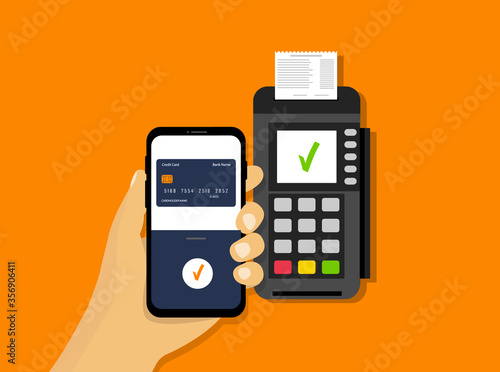 Wireless mobile payment. NFC payment. Pos terminal and smartphone in hand. Flat style.