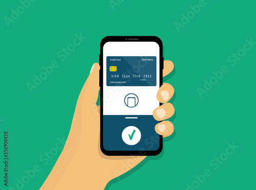 Wireless mobile payment. NFC payment. Smartphone in hand. Flat style.