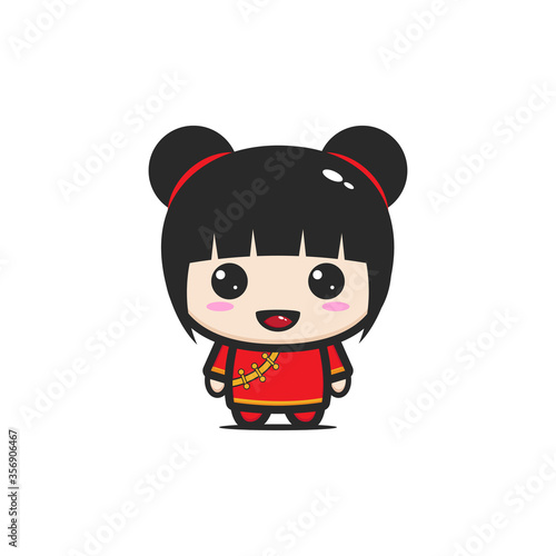 Illustration of Cute Little Chinese Girl Wearing Traditonal Costume Cheongsam