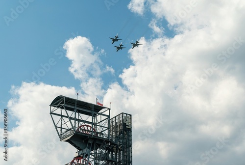 Air show polish airplanes and helicopters procession in Katowice, Poland