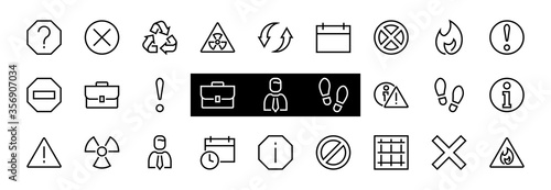 WARNINGS simple set of thin line vector icons. Contains icons such as warning, exclamation mark, reuse, warning sign and more. Editable stroke. Vector illustration