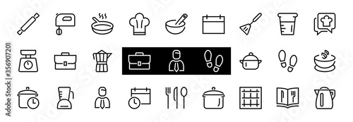 Set of icons for cooking and kitchen, vector lines, contains icons such as a knife, saucepan, boiling time, mixer, scales, recipe book. Editable stroke, perfect 480x480 pixels, white background