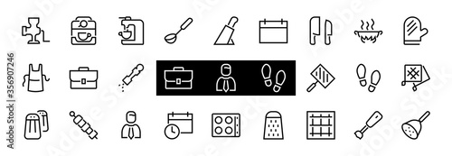 KITCHEN ICON Cooking process, Kitchen tools, Icon set, thin line vector has a blender, oven, knife, grater, barbecue, apron, barbecue, grill, coffee machine, kitchen glove, Editable stroke