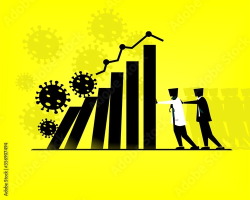 Corona virus impact to global economy design concept. Financial crisis economy sign symbol. Sillhouette businessman and doctor pushing bar graph not to falI. llustration vector