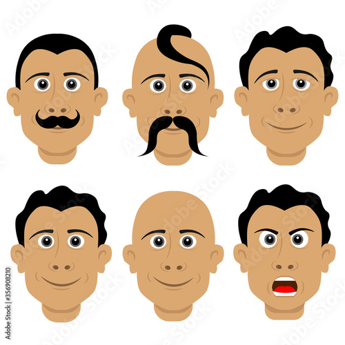 A set of different male faces with different hairstyles and emotions. Vector illustration on a white isolated background.