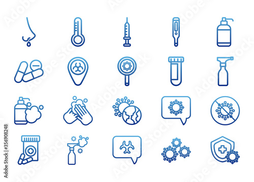 set of icons coronavirus protection, protective measures, coronavirus symptoms, degraded line style icon