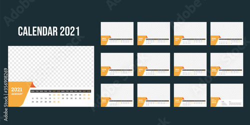 Calendar design for 2021.week starts on monday. set of 12 calendar pages with cover. horizontal version. vector design print template