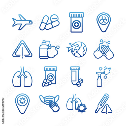 set of icons coronavirus protection, protective measures, coronavirus symptoms, degraded line style icon