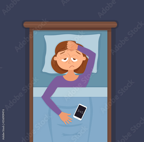 Sleepless woman face cartoon character suffers from insomnia