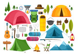 Vector set of camping equipment symbols, icons and elements. Summer hiking collection with tent, hat, binoculars, campfire, mountains, camera, bag, guitar, fishing rod, compass.