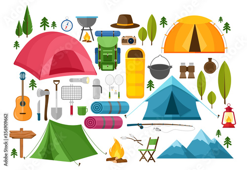Foto Vector set of camping equipment symbols, icons and elements