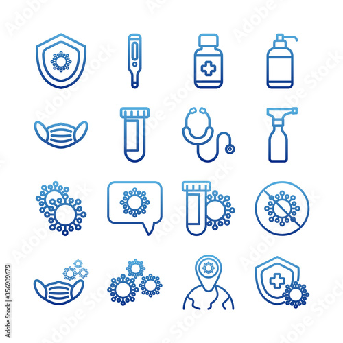 set of icons coronavirus protection, protective measures, coronavirus symptoms, degraded line style icon