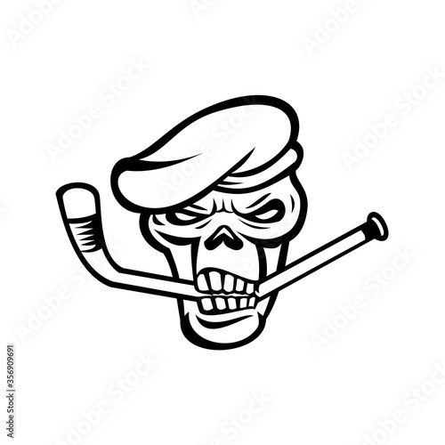 Green Beret Commando Skull  Biting an Ice Hockey Stick Mascot Black and White