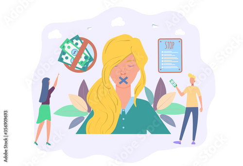 Prohibition of trafficking in persons. Clogged mouth in a woman. Sex human trafficking, human trafficking, criminal business concept. Colorful vector illustration.