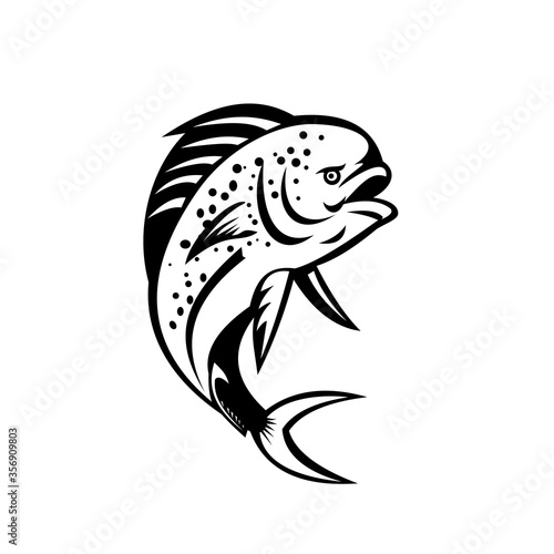 Pompano Dolphinfish Jumping Up Retro Black and White