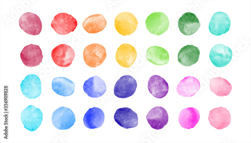 Watercolor spots, uneven circles, stains vector collection. Rainbow colors hand drawn round smears, smudges set. Colorful watercolour painted dots illustration, graphic design element. Text background