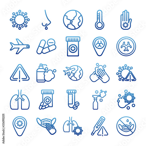 set of icons coronavirus protection, protective measures, coronavirus symptoms, degraded line style icon