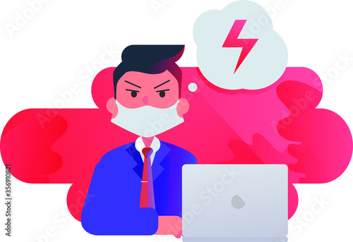 Tired angry businessman in medical mask behind a laptop, with a lightning symbol on a red background. 
Anger, material losses concept