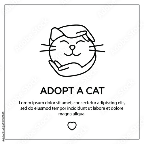 Vector illustration of cat care in black and white colors. Outline flyer for volunteer cat adoption.