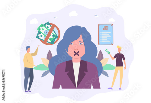 Prohibition of trafficking in persons. Clogged mouth in a woman. Sex human trafficking  human trafficking  criminal business concept. Colorful vector illustration.
