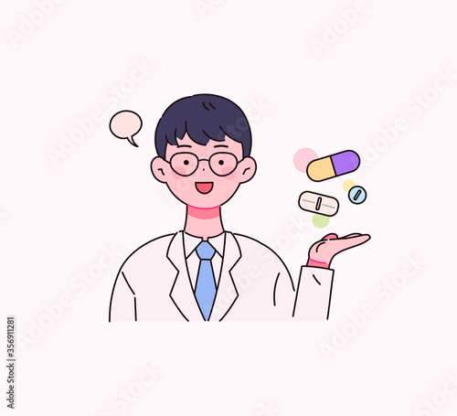 약에 대해 설명하는 의사 캐릭터 벡터