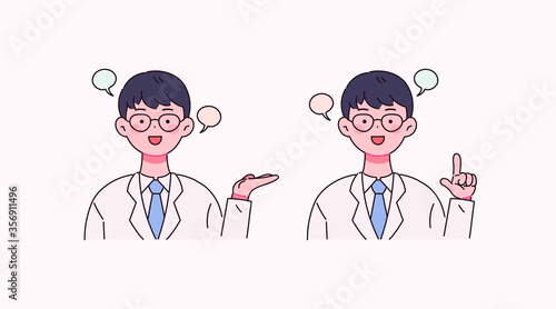 무언가에 대해 설명하는 의사 캐릭터 벡터