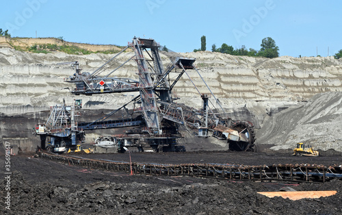 A huge bucket-wheel excavator on the open-pit mine. 