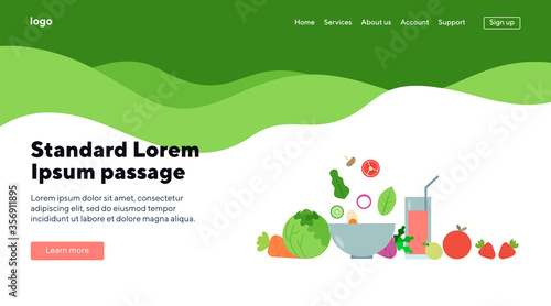 Green Ingredients Cooking Website Template. Vegetables and Fruits Illustrations. 