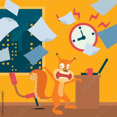 Squirrel late in making work, worries about deadline vector illustration. Animal character panic at workplace, overtime work in office until late. Laptop, watch and cup coffee for energy.