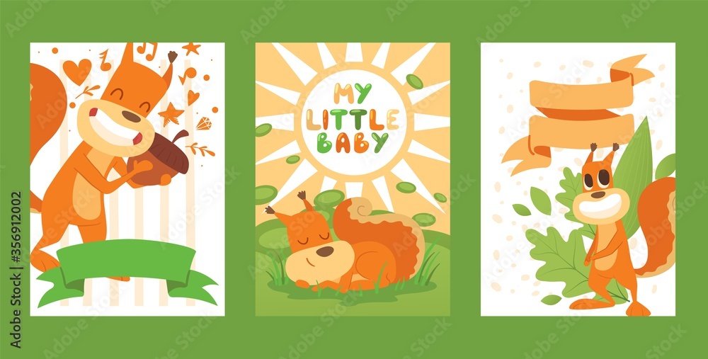 Fototapeta premium Squirrel poster my little baby with a fluffy tail, vector illustration. Happy animal with beloved acorn, rodent resting in grass and sleeping. Squirrel smiling near template for postcard text.