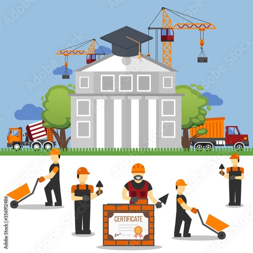 Study work under construction technic in builder college, vector illustration. Construction workers in helmets with wheelbarrows in front university building, obtaining certificate of education.
