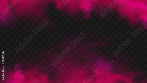 Red smoke or fog color isolated on transparent dark background. Abstract pink powder explosion with particles. Colorful dust cloud explode, paint holi, mist smog effect. Realistic vector illustration