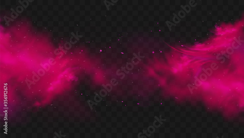 Red smoke or fog color isolated on transparent dark background. Abstract pink powder explosion with particles. Colorful dust cloud explode, paint holi, mist smog effect. Realistic vector illustration