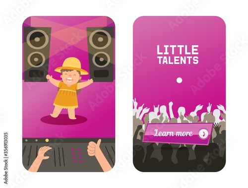 Walking baby on little talants children show vector illustration. Funny curly girl on large hall stage, speakers and amplification equipment. Audience applauds character talented child.