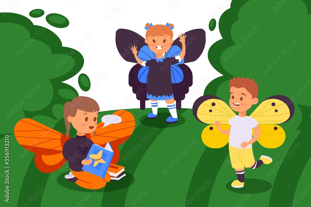 Children with decorative butterfly wings on backs walk outside vector illustration. Children play butterflies in meadow, girl character read book about beautiful insects. Friends smiling, jumping. Children with decorative butterfly wings on backs walk outside vector illustration. Children play butterflies in meadow, girl character read book about beautiful insects. Friends smiling, jumping.