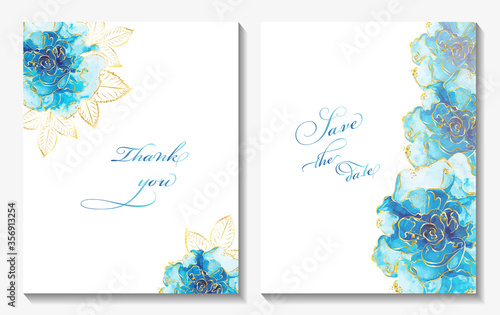 Creative design, background with blue Rose flower and golden leaves. Wedding invitation , alcohol ink, isolated on white. Vector illustration. 