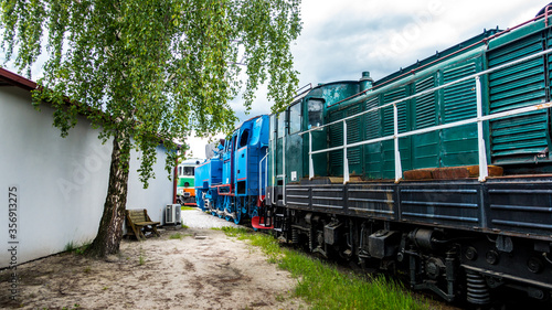 Fototapeta Naklejka Na Ścianę i Meble -  Brzoza rosnąca na stacji obok pociągu