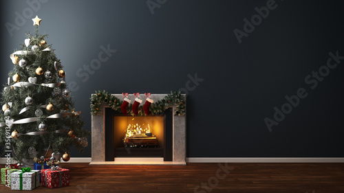 modern navy blue living room with Christmas tree decoration - 3D rendering photo